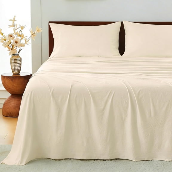 King Size Sheets Set 4 Pcs 10-16 Inch Deep Pocket Non-Slip Elastic Corner Straps Washed Brushed Microfiber Polyester Beige