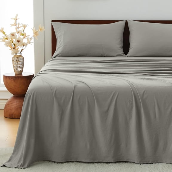 King Size Sheets Set 4 Pcs 10-16 Inch Deep Pocket Non Slip Elastic Corner Straps Washed Brushed Microfiber Polyester Grey