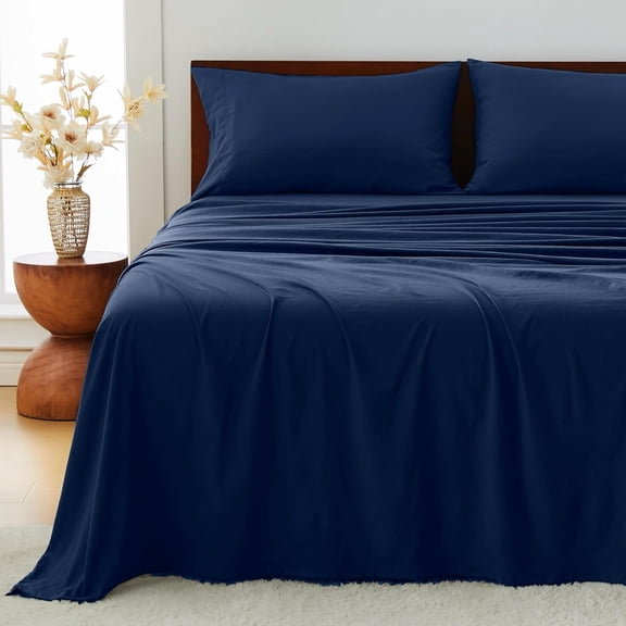 King Size Sheets Set 4-Piece 10-16 Inch Deep Pocket Non-Slip Elastic Corner Straps Washed Brushed Microfiber Polyester Navy Blue