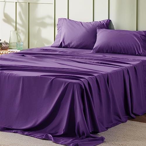 King Size Sheets Set - 4 Pieces Soft King Sheets - Breathable & Cooling - Hotel Luxury - Easy Care Polyester Microfiber Bedding for Women, Men, Purple