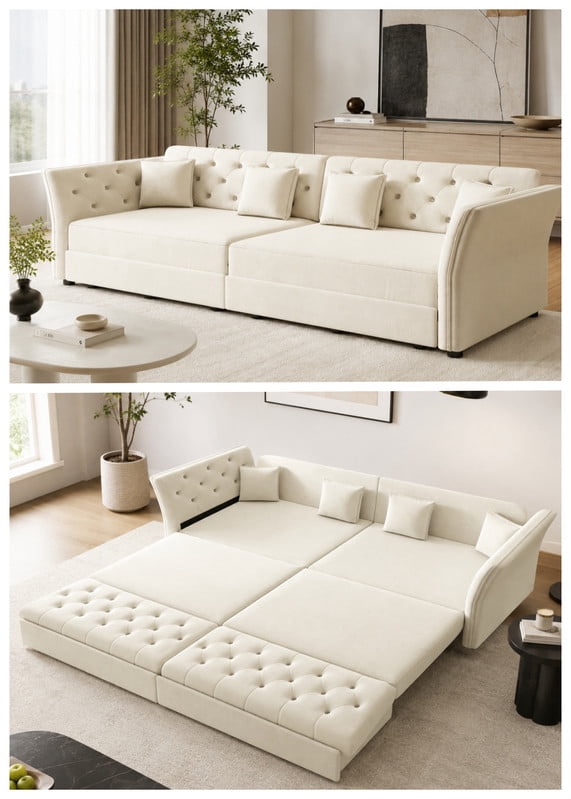 King Size Sleeper Sofa Bed, 100" 3-in-1 Convertible Pull Out Chesterfield Sleeper Couch, Oversized Velvet Flower Button Tufted 4-Seat Sofa for Living Room Apartment