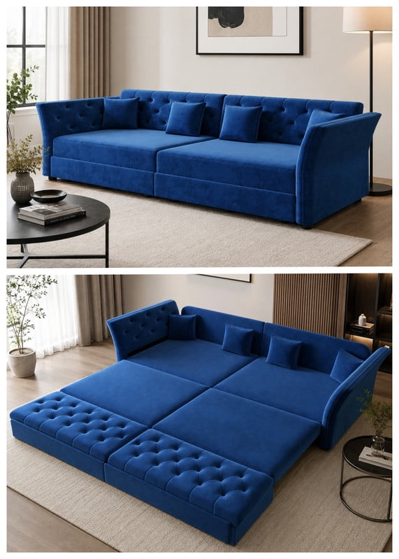 King Size Sleeper Sofa Bed, 100" 3-in-1 Convertible Pull Out Chesterfield Sleeper Couch, Oversized Velvet Flower Button Tufted 4-Seat Sofa for Living Room Apartment