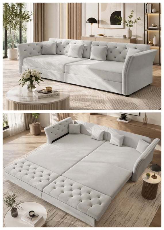 King Size Sleeper Sofa Bed, 100" 3-in-1 Convertible Pull Out Chesterfield Sleeper Couch, Oversized Velvet Flower Button Tufted 4-Seat Sofa for Living Room Apartment