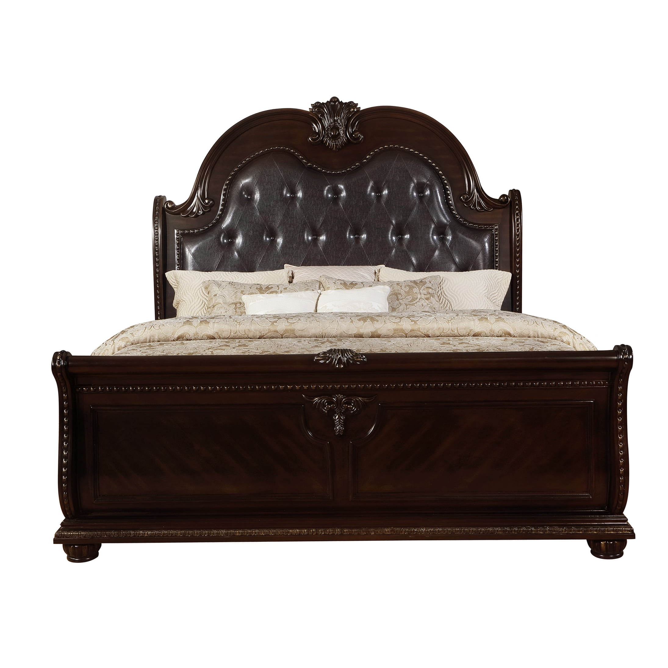 King Size Sleigh Bed Frame with Upholstered Headboard, Antique Brown Faux Leather Panel Bed for Master Bedroom