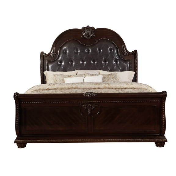 King Size Sleigh Bed Frame with Upholstered Headboard, Antique Brown Faux Leather Panel Bed for Master Bedroom