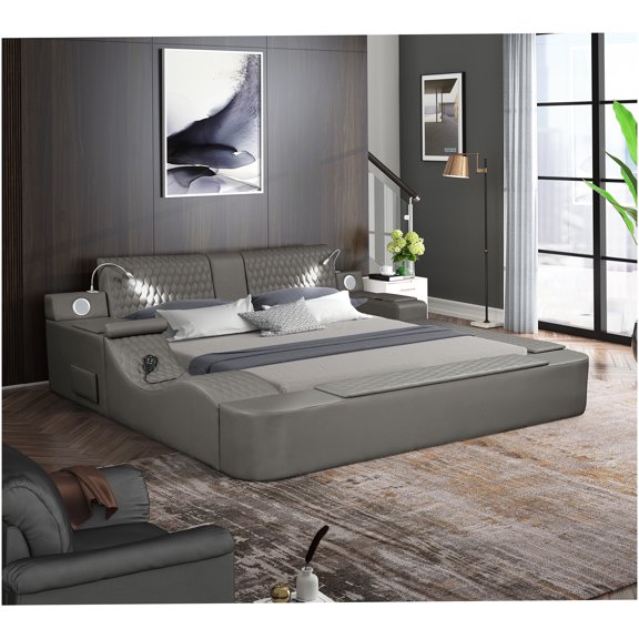 King Size Smart Bed with Massage, Bluetooth Speakers, Storage Drawers and USB Charging Ports, Gray Faux Leather Upholstered Platform Bed