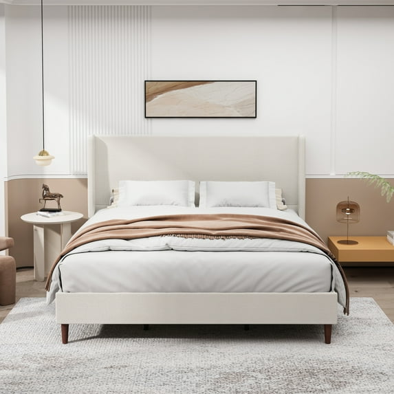 King Size Soft Bed with High Back & 12-Slat Support, Chenille Cloth in Beige, Easy Assembly for Comfortable Sleep