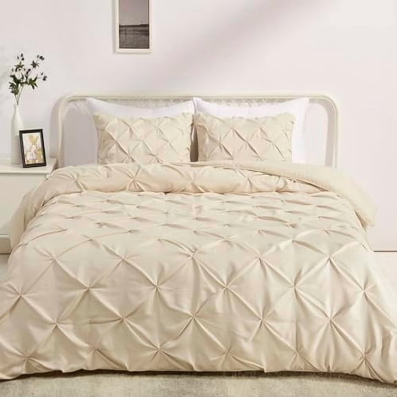 King Size Soft, Lightweight Comforter Sets, All-Season Down-Alternative 3-Piece Bedding Set, Pinch Pleat Design, Beige