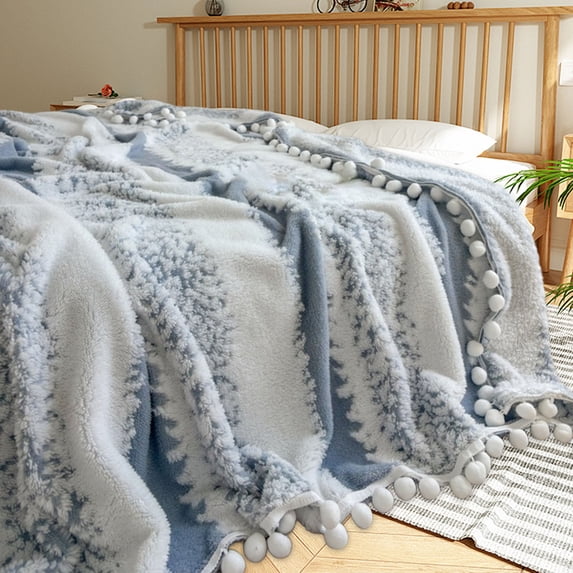 King Size Soft Warm Fleece Bed Blanket,Boho Plush Couch Blanket,Lightweight Throw Blanket for Sofa with Pompom Ball Fringe,Fuzzy Multicolored Nap Blankets for Bedroom Living Room Office Camping