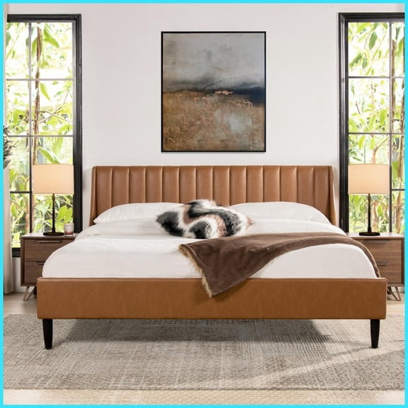 King Size Solid Birch Platform Bed with Vertical Tufted Faux Leather Headboard, Caramel Tan Brown - No Box Spring Needed
