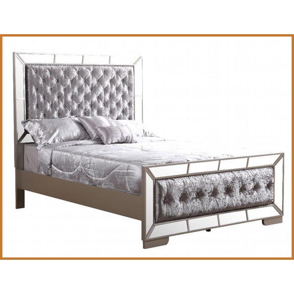 King Size Solid Pine & Metal Storage Bed Frame with LED Lights & Charging Station - Silver Champagne, No Box Spring Needed