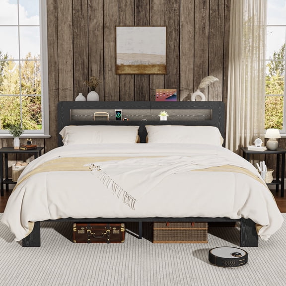 King-Size Solid Wood Bed, Double-Layer Headboard with Storage, LED Lighting, Built-in Charging Station, Under-Bed Storage, Silent Operation, No Box Spring Required ,Black