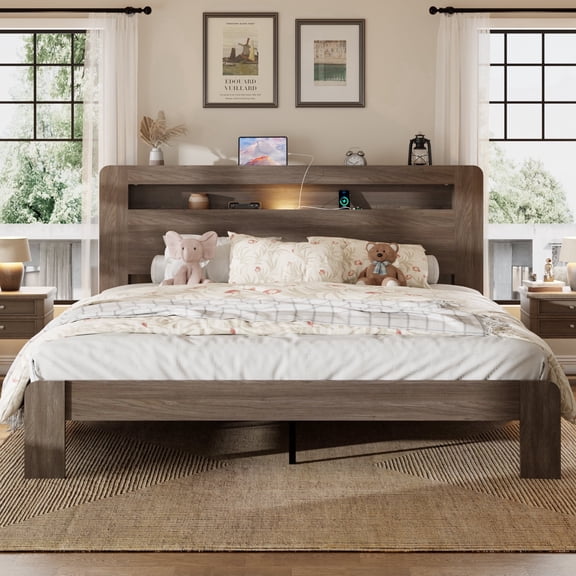 King-Size Wooden Bed, Double-Layer Headboard with Storage, LED Lighting, Built-in Charging Station, Under-Bed Storage, Silent Operation, No Box Spring Required ,Gray