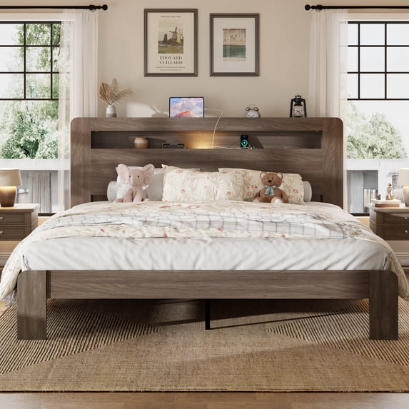 King-Size Solid Wood Bed, Double-Layer Headboard with Storage, LED Lighting, Built-in Charging Station, Under-Bed Storage, Silent Operation, No Box Spring Required ,Gray