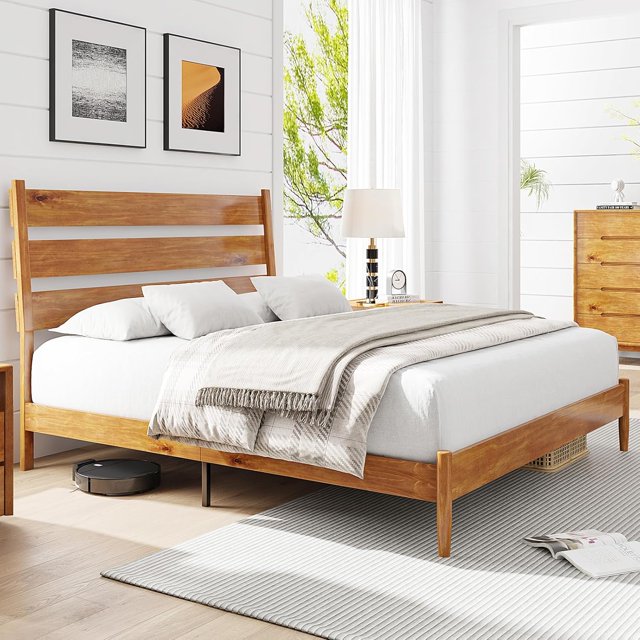 King Size Solid Wood Bed Frame with Ergonomic Slatted Headboard, Mid