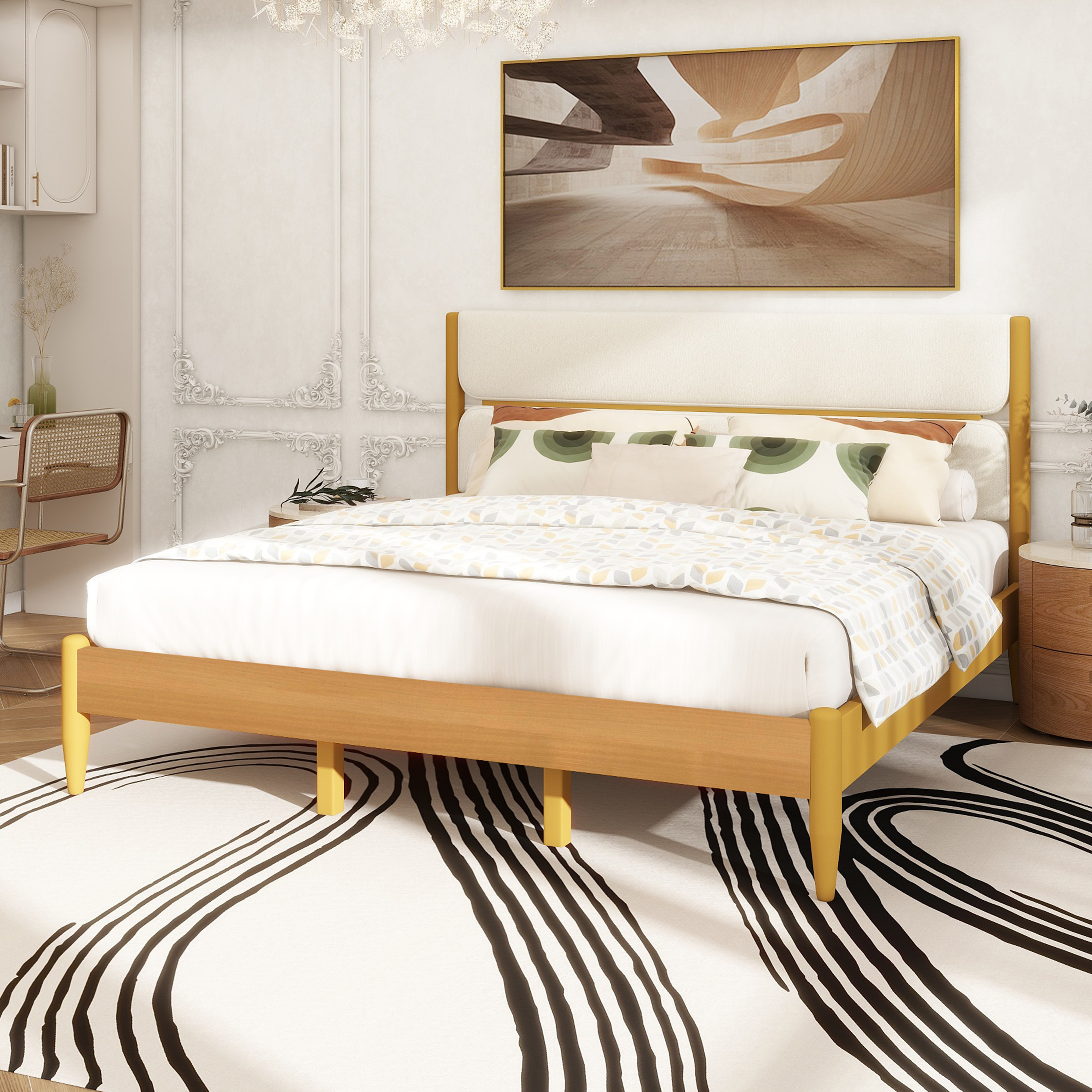 King Size Solid Wood Bed Frame With Fleece Upholstered Headboard, Ivory