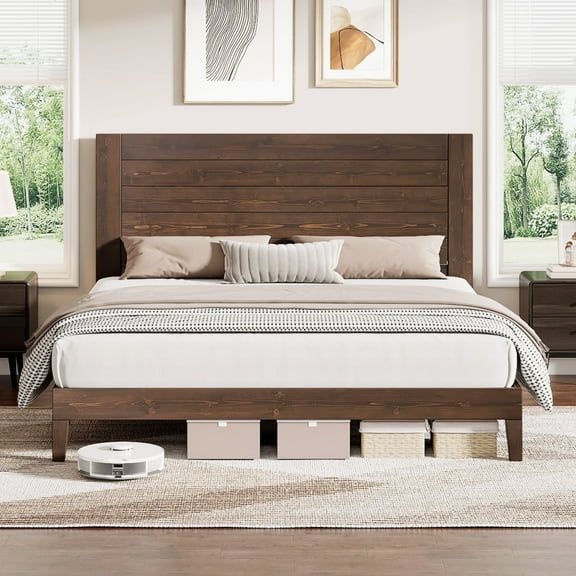 VanAcc King Size Solid Wood Bed Frame with 48.6" Headboard, Mid-Century Platform Bed Frame, Dark Brown