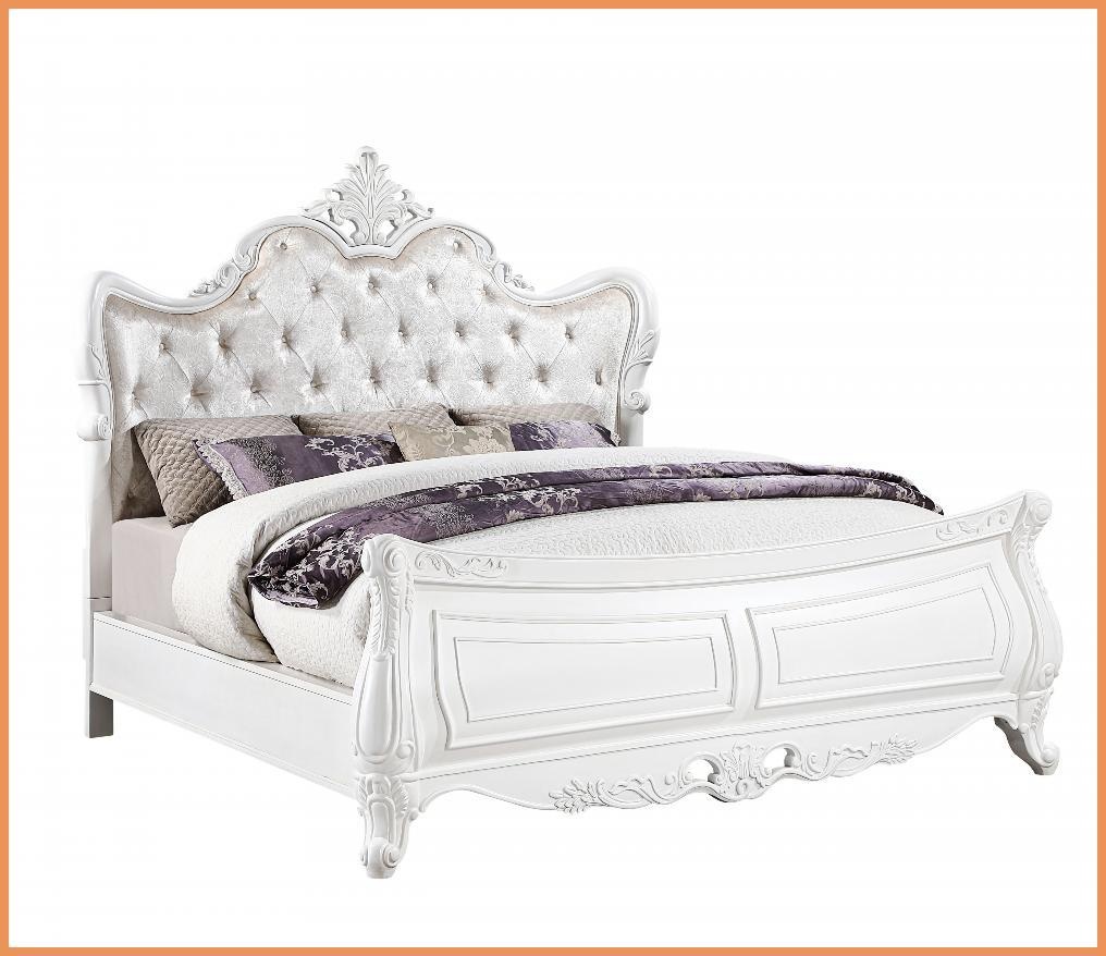 King Size Solid Wood Bed Frame with Tufted Velvet Headboard & Ornate Carvings Pearl White for Master Bedroom