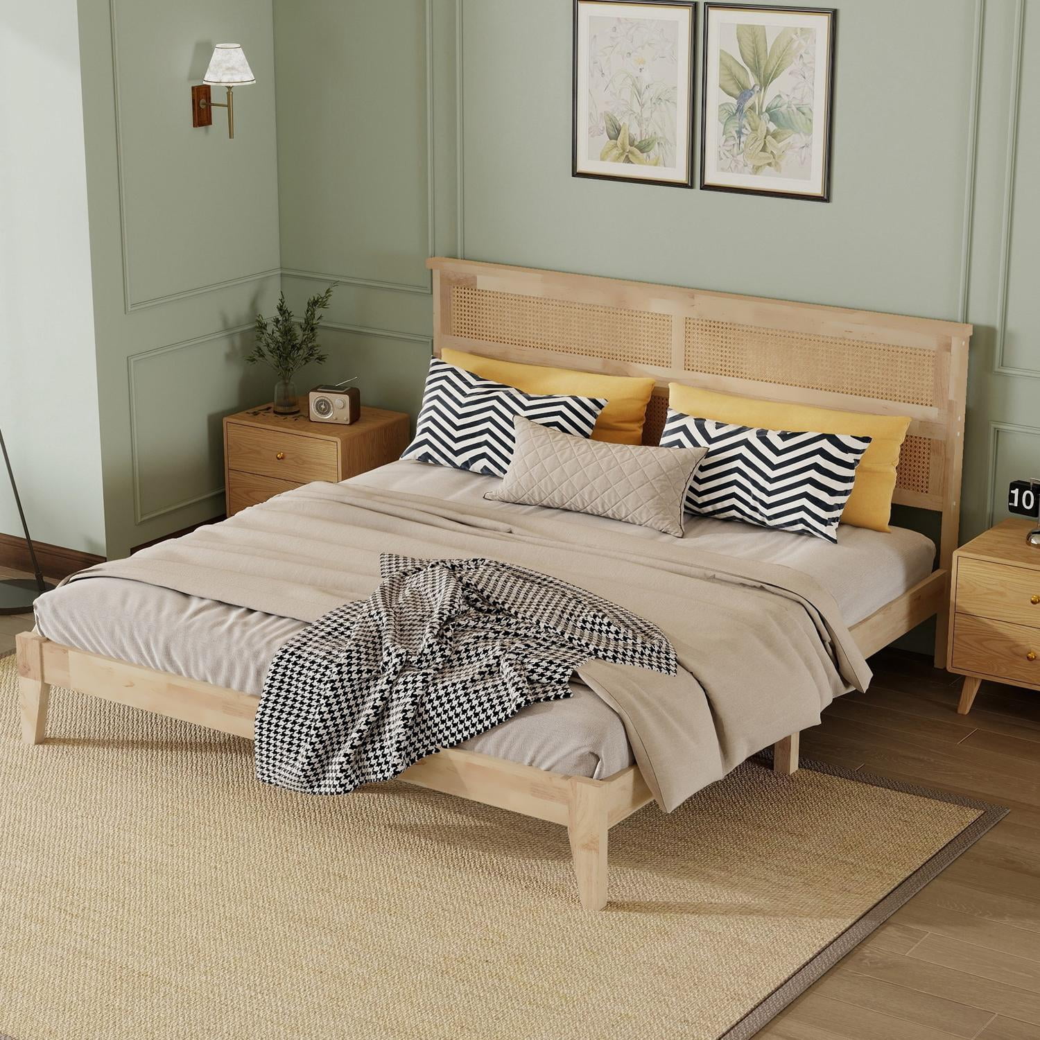 King Size Solid Wood Bed with Rattan Headboard, Rubber Wood Bed Frame with Central Support Beams and 8 Inch Underbed Storage for Bedroom, Natural, 84.5x79.2x40.8 Inch