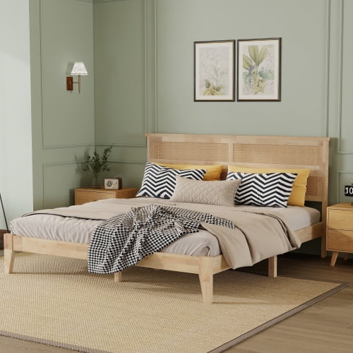 King Size Solid Wood Bed with Rattan Headboard, Rubber Wood Frame with Central Support Beams & Enhanced Feet, No Box Spring Needed, Natural
