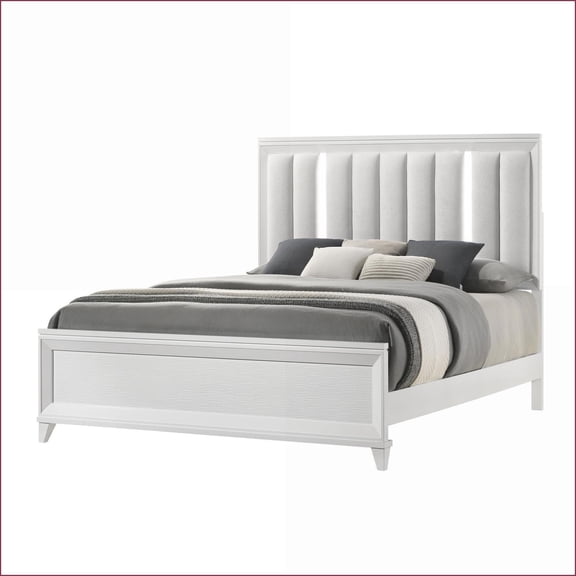 King Size Solid Wood Panel Bed with LED Upholstered Headboard White Finish for Master Bedroom