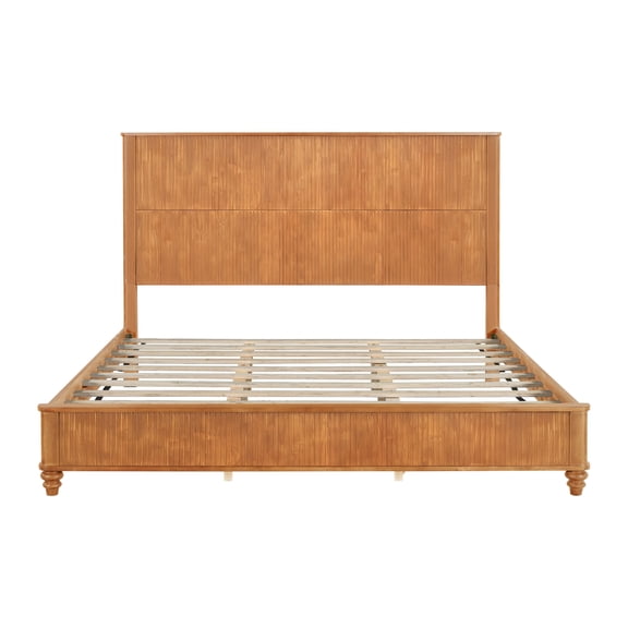 King Size Solid Wood Platform Bed Frame with Tall Headboard, No Box Spring Needed, Natural