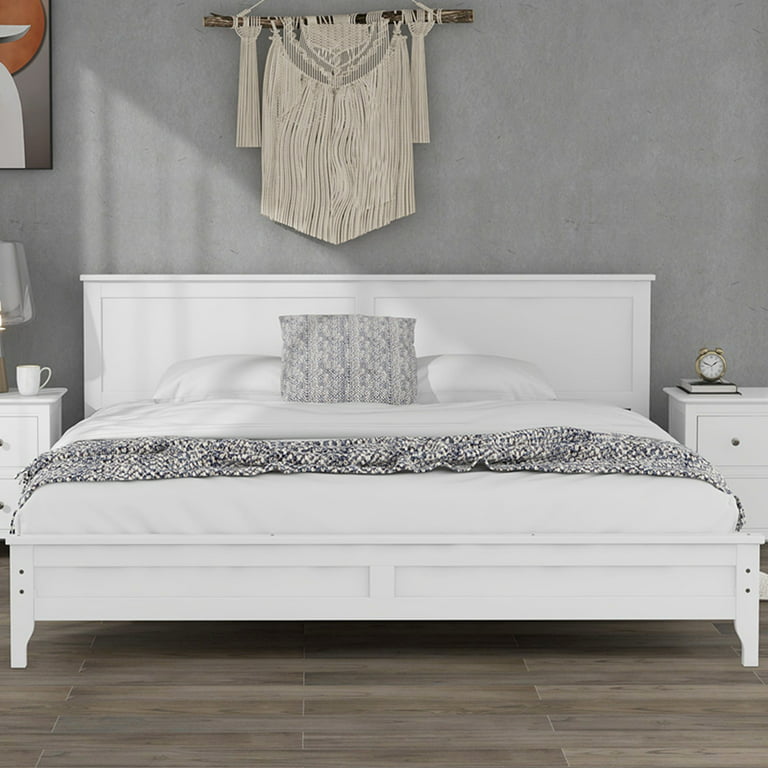 King Size Solid Wood Platform Bed with Headboard, Retro Style Bed
