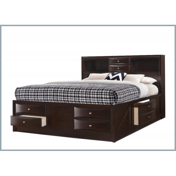 King Size Solid Wood Platform Bed with Bookcase Headboard & Drawer Storage Cherry Finish for Master Bedroom