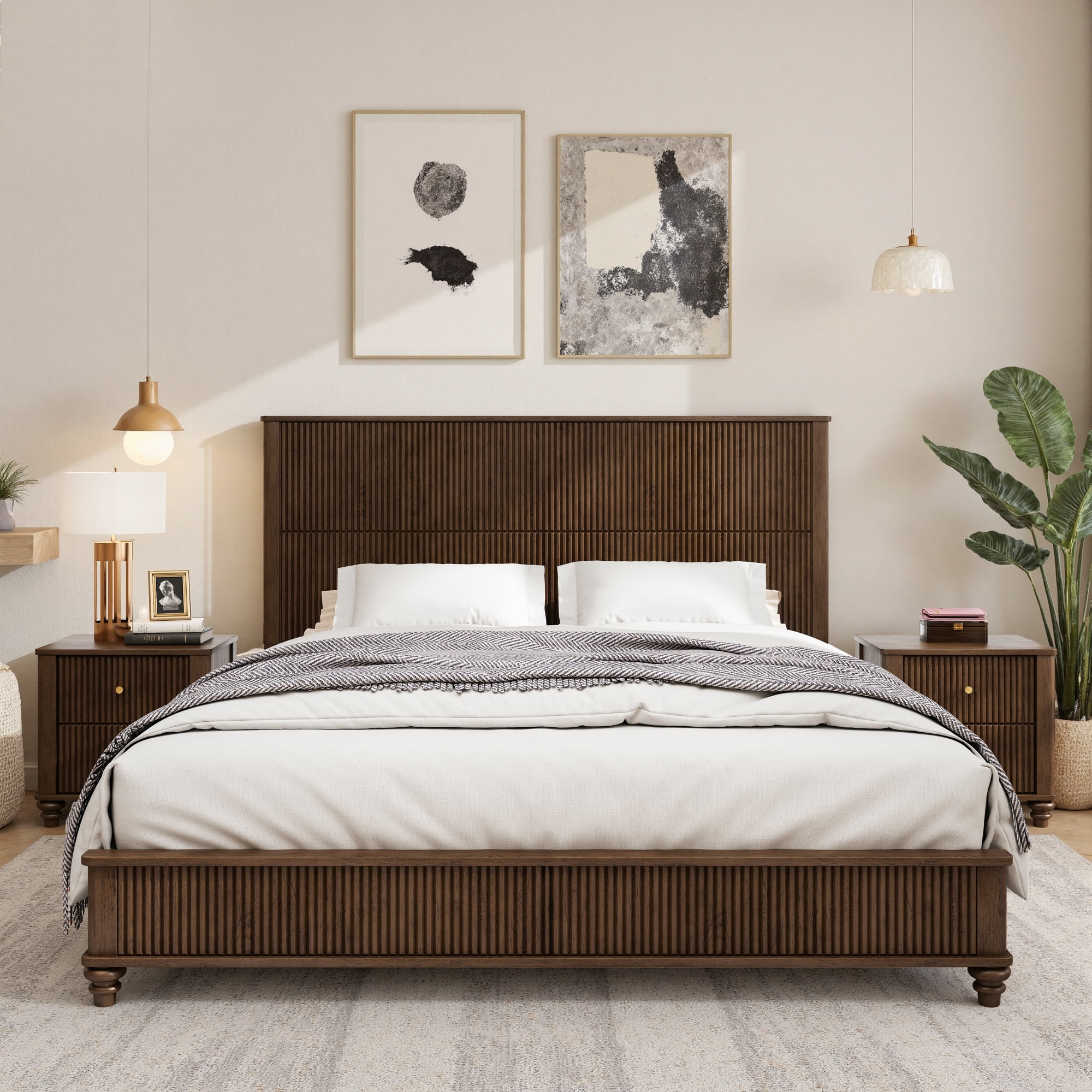 King Size Solid Wood Tall Headboard Platform Bed Frame with Headboard, No Box Spring Needed