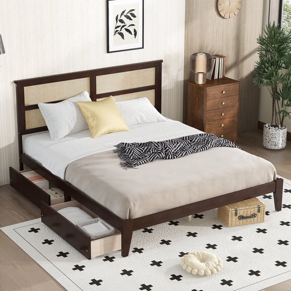 King Size Solid and Stable Bed with Rattan Headboard, Two Storage Drawers, Rubber Wood Bed with Enhanced Support Salts and Feet (Espresso)