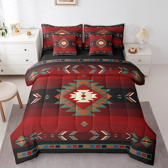 Erosebridal 7 Piece Tribal Aztec Bedding Set Southwest Bedding King Size,Bohemian Theme Bedding Set Geometric Bed Set Includes Comforter,Sheet Set,Pillowcases & Pillow Covers Red Green