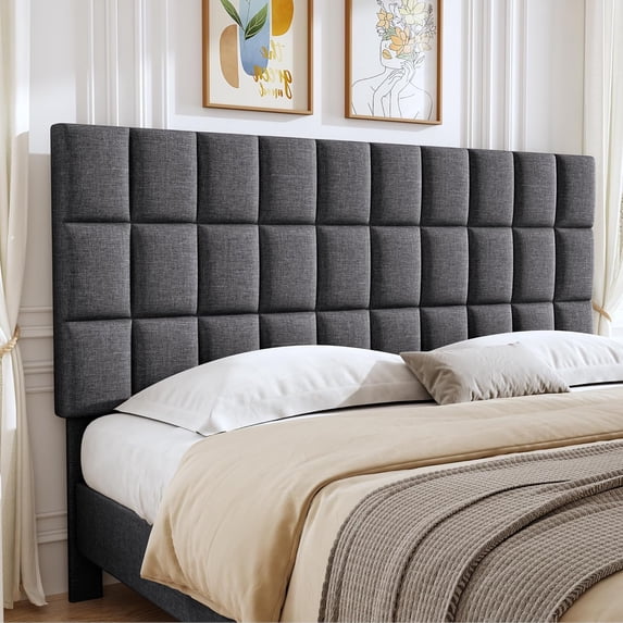 King Size Square Tufted Linen Headboard Only, Upholstered Fabric Bed Headboard with Adjustable Height 44-52 Inches, Grey