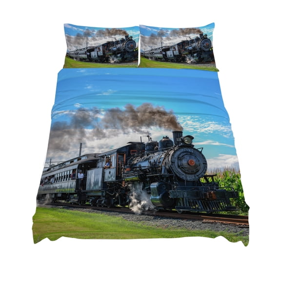 King Size Steam Train Sheet Sets Railways Trees Landscape Modern Soft Breathable Microfiber Bed Sheets Deep Pockets 4 Piece Bed Sheets Set, 1 Fitted Sheet, 1 Flat Sheet & 2 Pillowcases