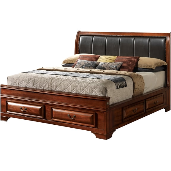 King Size Storage Bed Frame with 3 Drawers, Upholstered Sleigh Headboard, Oak Finish Platform Bed, No Box Spring Needed