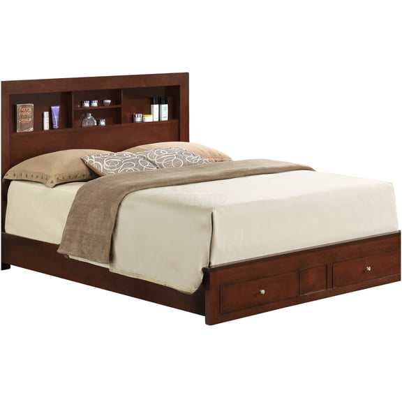 King Size Storage Bed Frame with 4 Drawers, Cherry Finish Platform Bed, No Box Spring Needed, Underbed Storage, Modern Bedroom Furniture