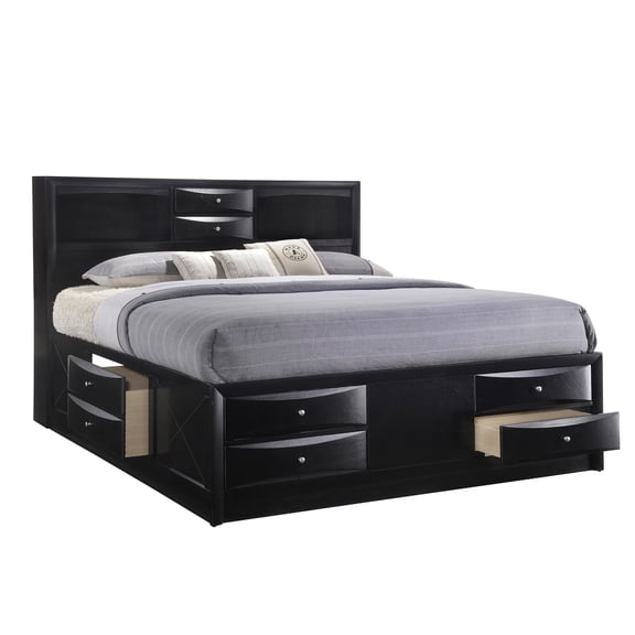 King Size Storage Bed Frame with Bookcase Headboard, 12 Drawers Platform Captain Bed, Black Wood Bedroom Furniture