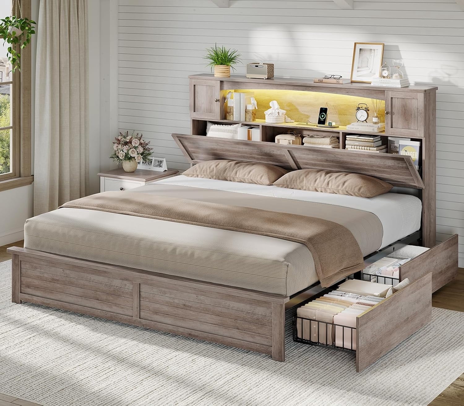 King Size Storage Bed Frame with Bookcase Headboard, Farmhouse Wood ...