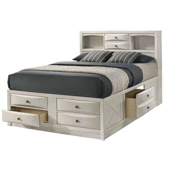 King Size Storage Bed Frame with Bookcase Headboard and 6 Drawers, White Modern Platform Bed with Storage Shelves
