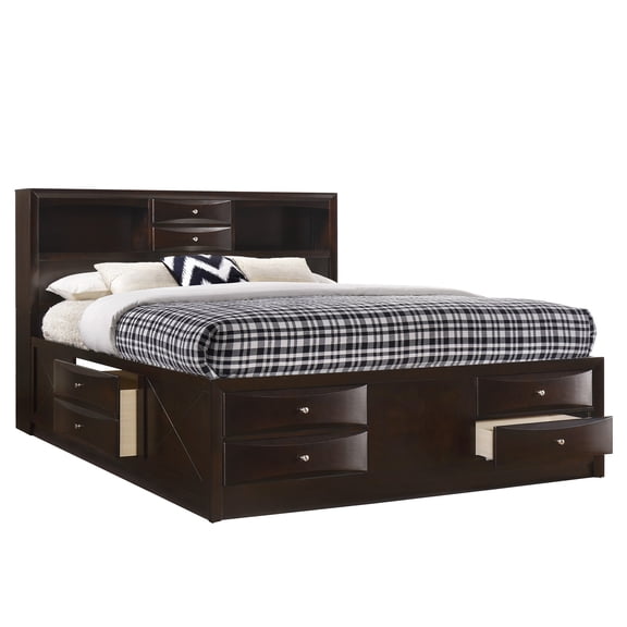 King Size Storage Bed Frame with Bookcase Headboard and 8 Drawers, Dark Cherry Wood Platform Bed with Ample Storage