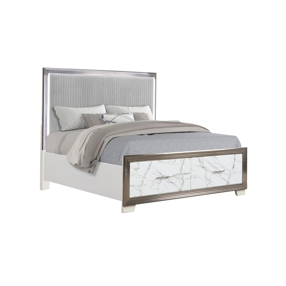 King Size Storage Bed Frame with LED Headboard, Upholstered Platform Bed, Marble Accent Footboard, Velvet Fabric