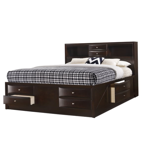 King Size Storage Bed with Bookcase Headboard and 6 Drawers, Cherry Finish Solid Wood Platform Bed with Storage
