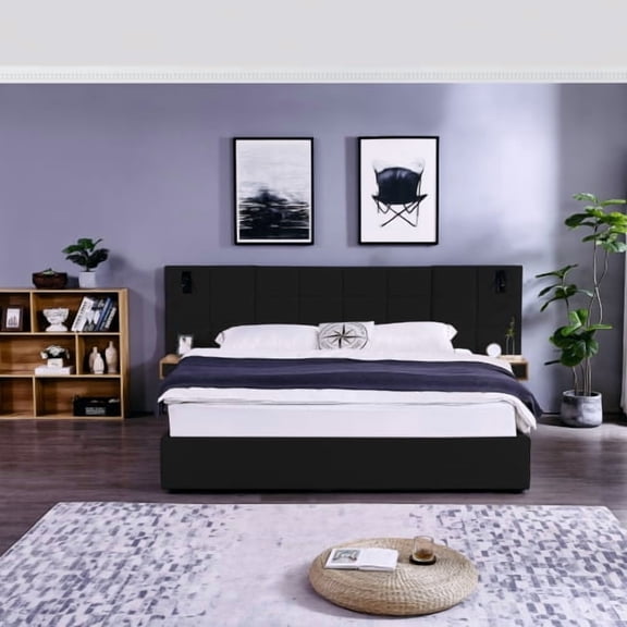 King Size Storage Bed with Hydraulic Lift, Velvet Upholstered Platform Bed with 2 Shelves, USB Charging Ports and Reading Lamps, Black