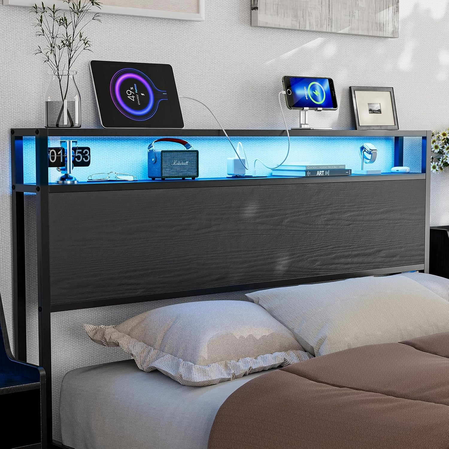 King Size Storage Headboard with Charging Station (2 Outlets & 2 USB