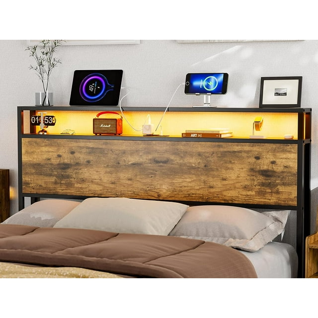 King Size Storage Headboard with LED Lights & Charging Station
