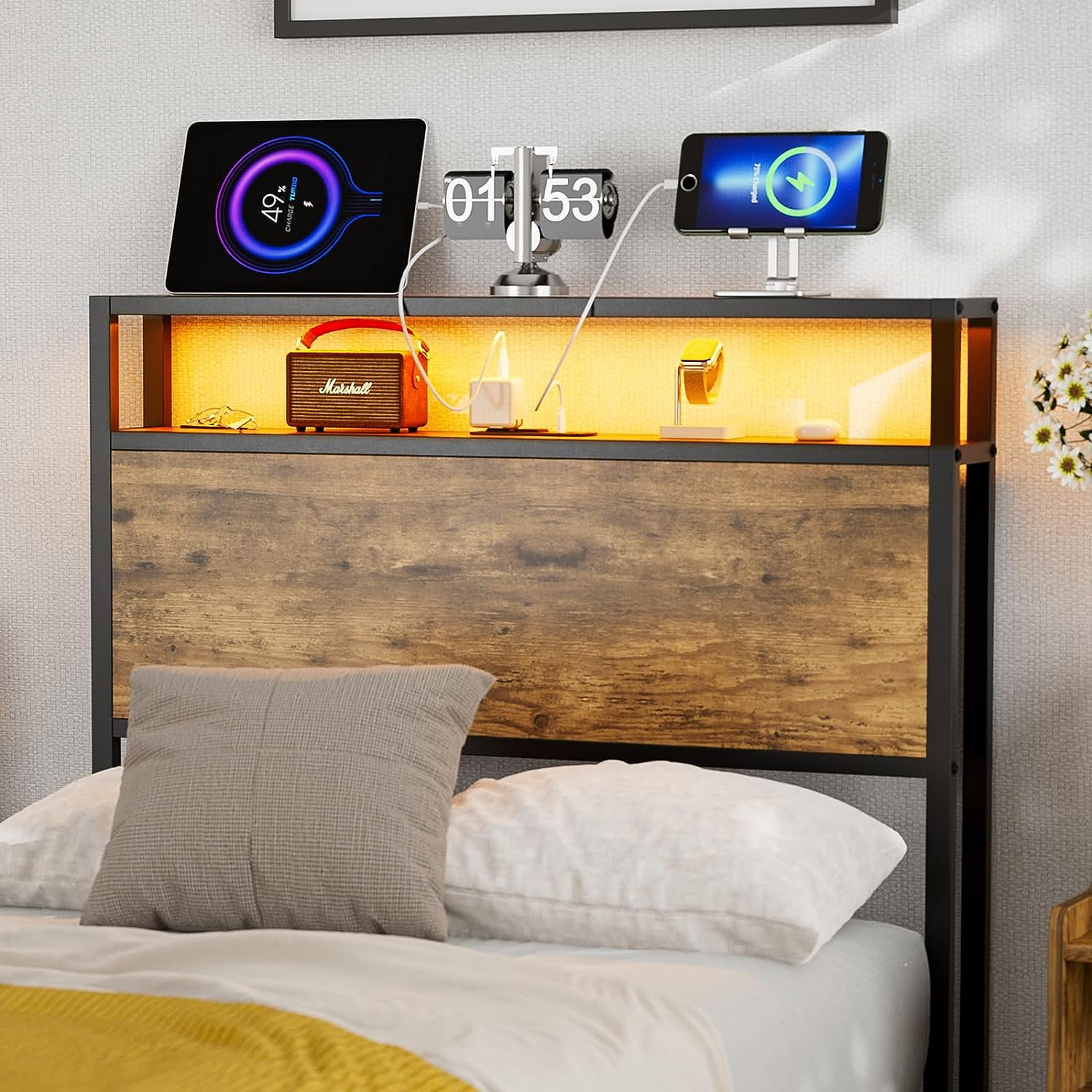 King Size Storage Headboard with LED Lights & Charging Station