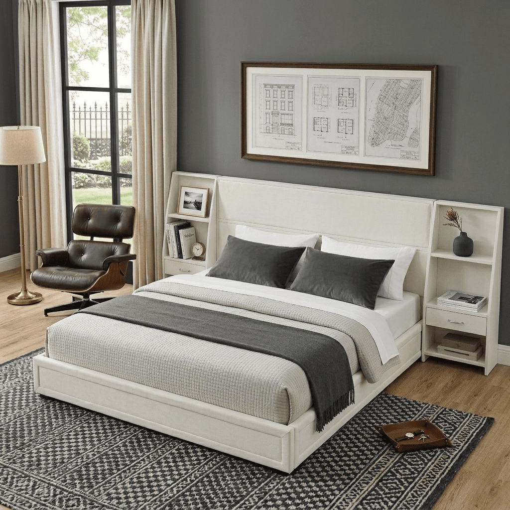 Howcool King Size Upholstered Platform Bed Frame with Storage Drawers,Glossy Velvet Headboard and Side Bookcases,Beige