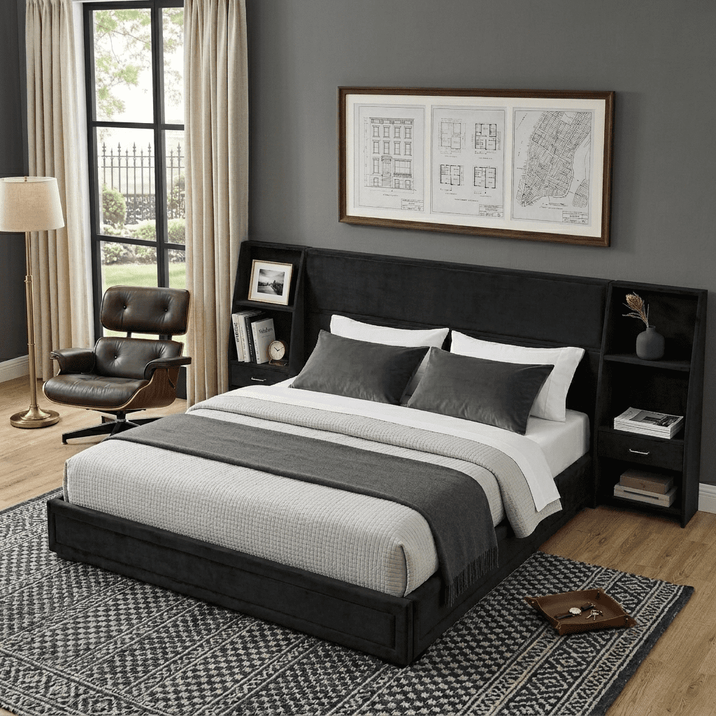 Howcool King Size Upholstered Platform Bed Frame with Storage Drawers,Glossy Velvet Headboard and Side Bookcases,Black