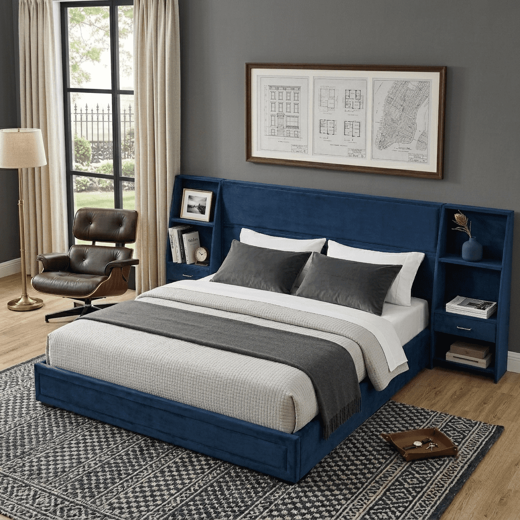 Howcool King Size Upholstered Platform Bed Frame with Storage Drawers,Glossy Velvet Headboard and Side Bookcases,Dark Blue