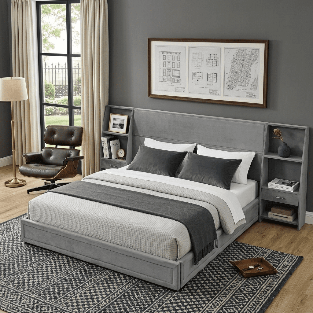 Howcool King Size Upholstered Platform Bed Frame with Storage Drawers,Glossy Velvet Headboard and Side Bookcases,Gray