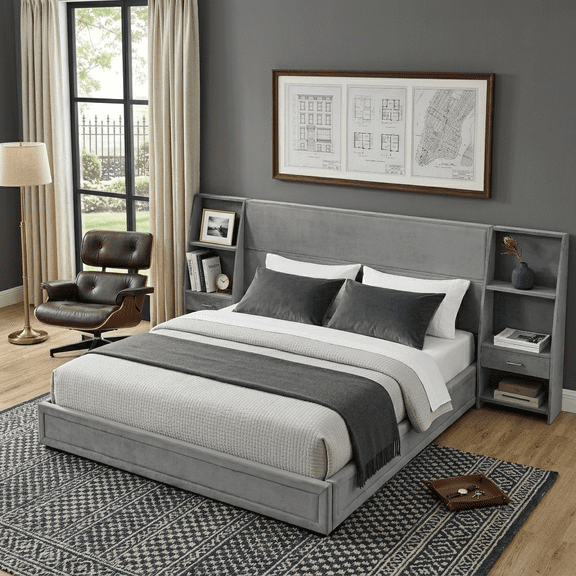 Howcool King Size Upholstered Platform Bed Frame with Storage Drawers,Glossy Velvet Headboard and Side Bookcases,Gray
